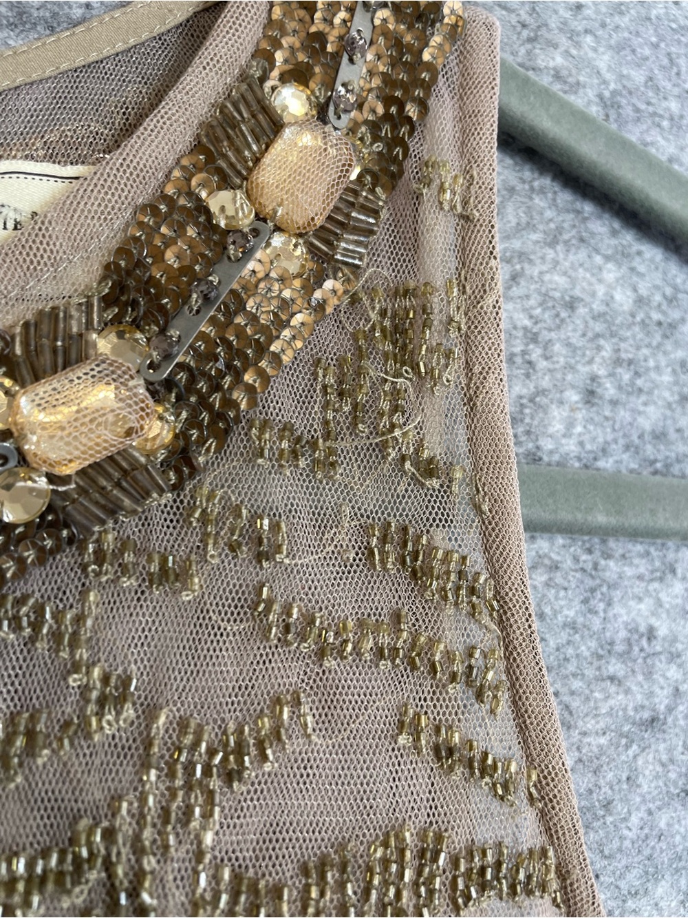 Anthropologie Moulinette Soeurs Beaded Chiffon Dress 6 Taupe Grecian Boho Tunic - Picture 5 of 16